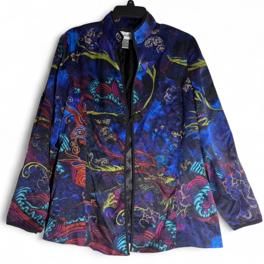 Chico's 100% Silk Blue Multicolor Printed Mandarin Collar Jacket